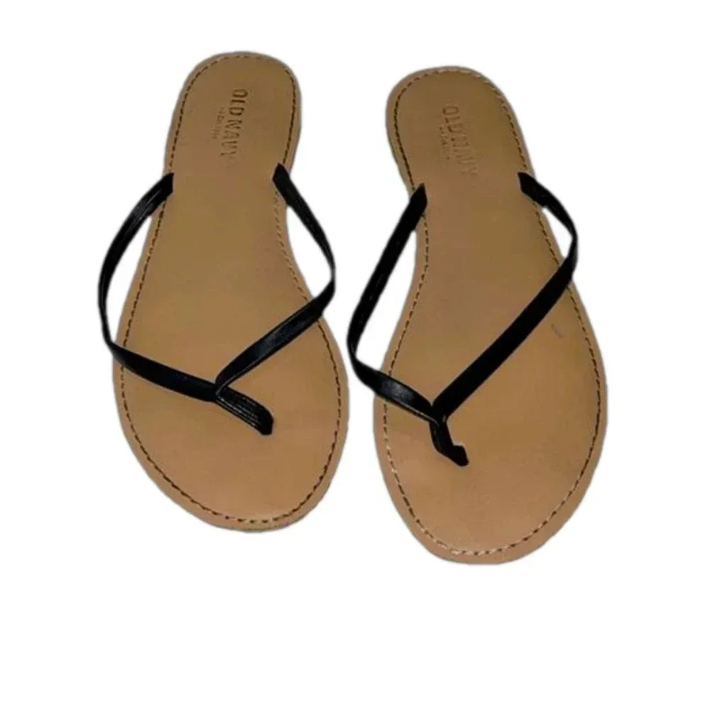 Flawed Old Navy thong sandals black tan pair size 8.5 vacation flats